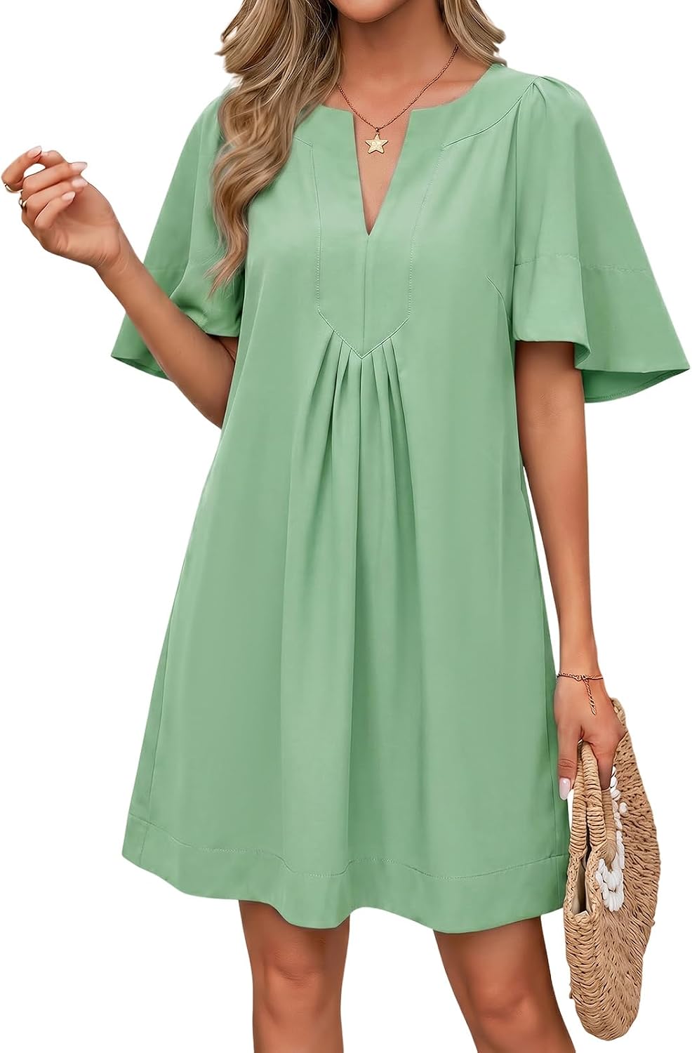 Wenrine Womens Shift Mini Dress Casual Short Sleeve Summer Dresses | Flutter Sleeve, V Neck, Loose Fit, Flowy, Short Beach dresses, Vacation