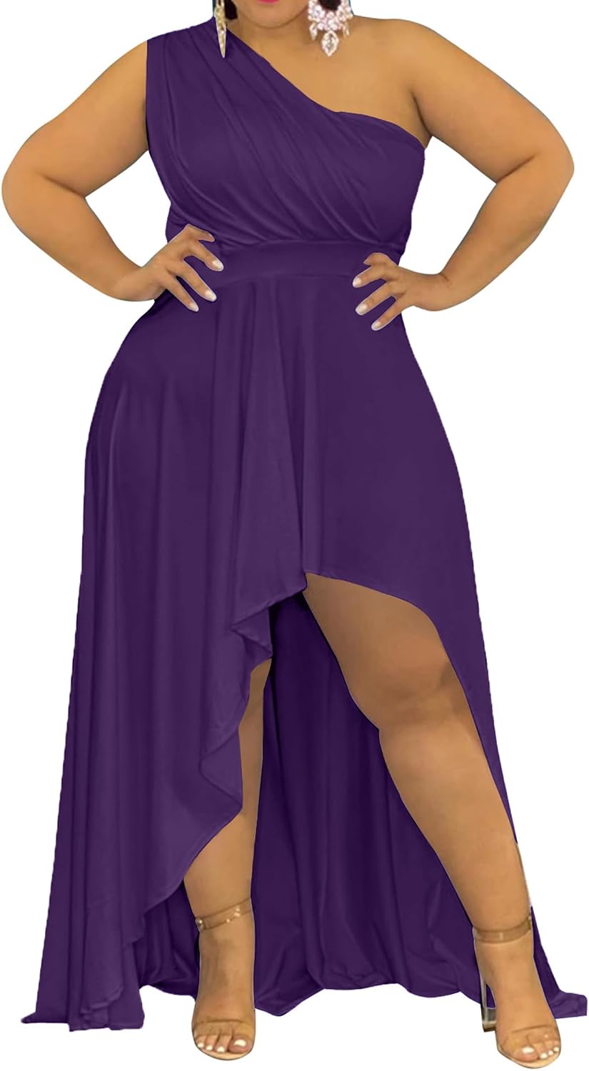 Ekaliy Women's Plus Size One Shoulder Irregular Maxi Cocktail Dress | Soft stretch fabric,sleeveless one shoulder high waist dress,curved thigh slit,asymmetrical hem for cocktail party wear.