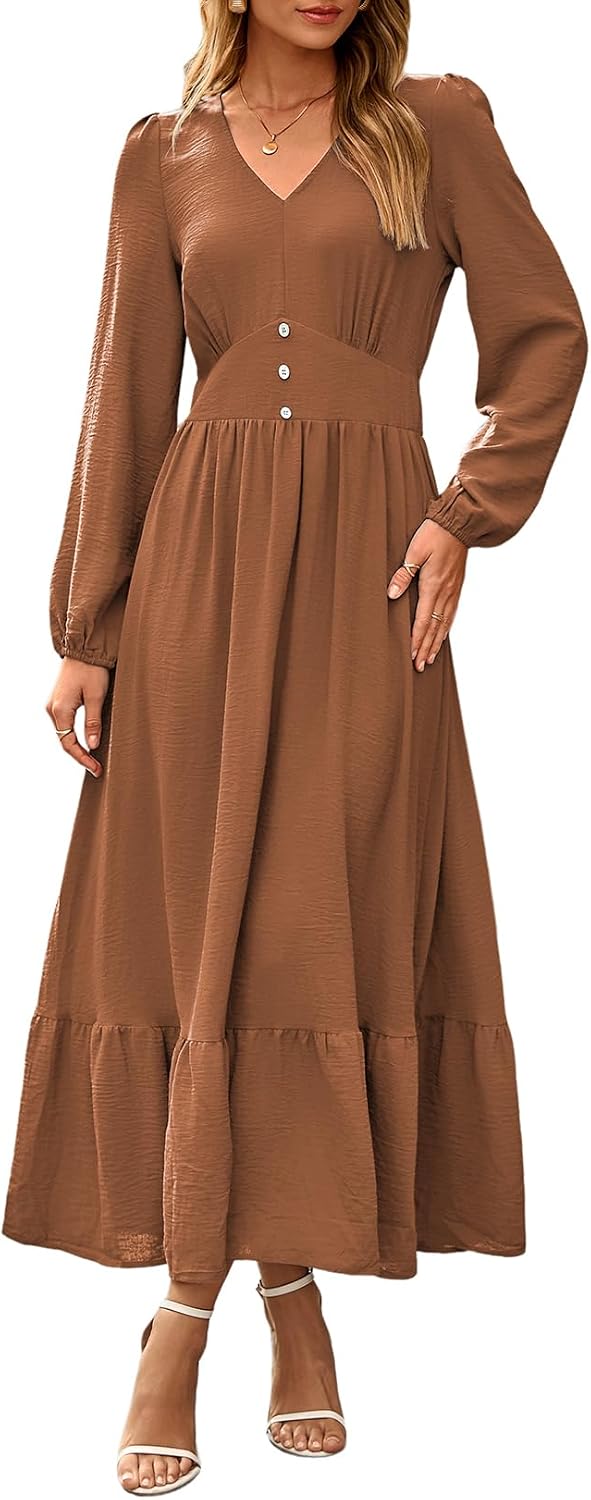 Dokotoo Womens Maxi Dresses Casual V Neck Elegant Flowy Tiered Dress | Long Lantern Sleeve,Ruffle Long Dress,High Waist,Fall Wedding Guest Dresses,Vintage,Beach Vacation Outifits,Cocktail Party
