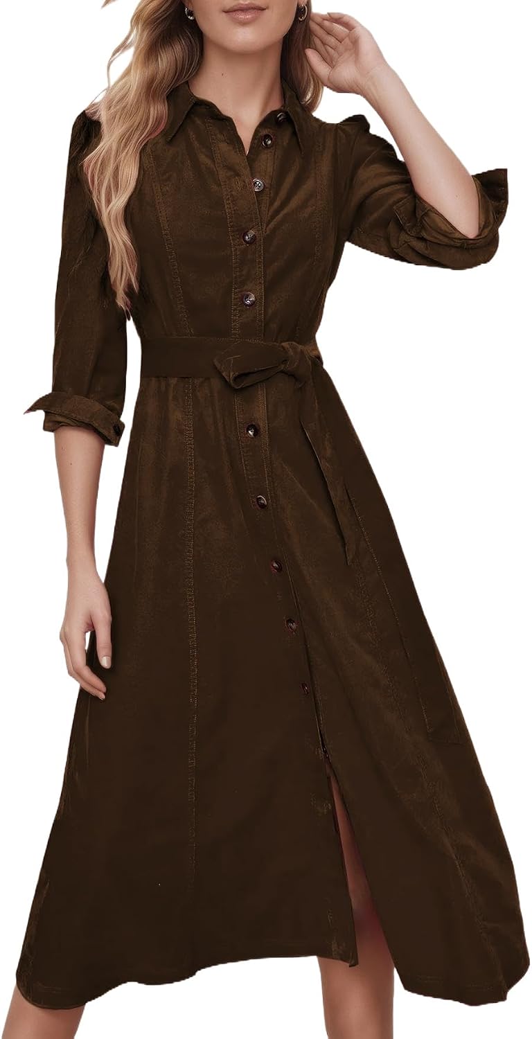YEXPINE Women's Corduroy Maxi Dress Button Down Shirt Dress with Belt | Long Sleeve Collared V-Neck Maxi Dresses with Pockets, 2026 Fall Winter Dresses
