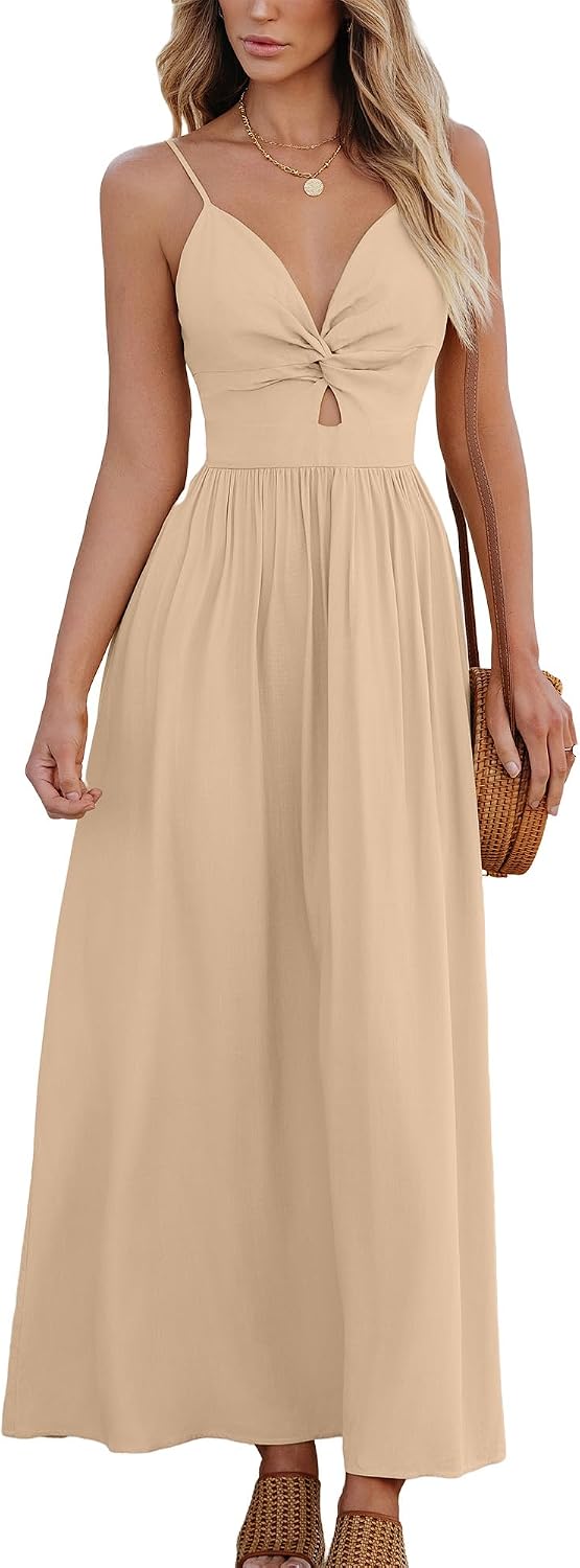 CUPSHE Women's V Neck Twisted Pleated Cutout Backless Formal Maxi Dress | Sleeveless, Self Tie Back, Adjustable Spaghetti Straps, Open Back, Casual Flowy Long Skirt, Summer Beach Resort Sundress