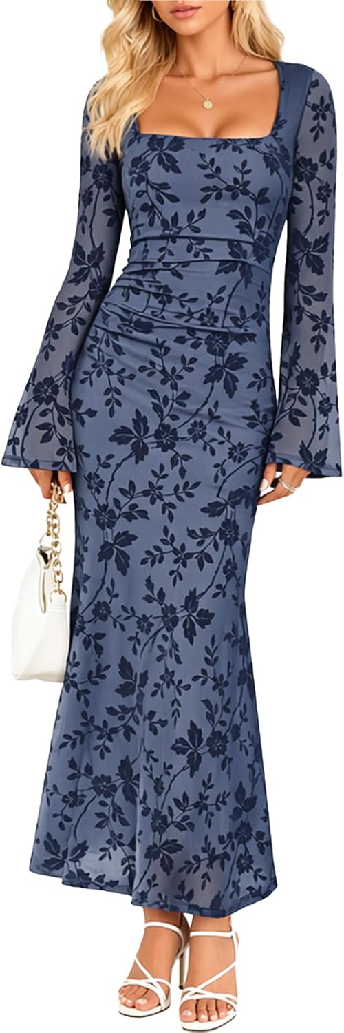 Pagfxmn Women's Floral Bodycon Maxi Dress Square Neck Bell Long Sleeve Mesh Elegant Wedding Guest Cocktail Party Dresses