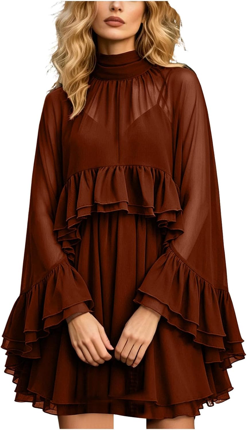 Chiffon Cape Dress for Women Sheer Ruffle Cape Sleeve Chiffon Wrap Cami Dress with Shawl Draped Dresses with Sheer Overlay