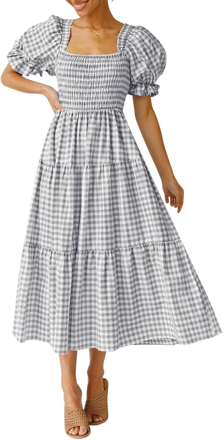 ZESICA Women's Summer Boho Gingham Puff Sleeve Square Neck Beach Midi Dress | 2026 Casual Bohemian Flowy, Swing A Line, Vintage, Baby Shower Cottagecore Maternity Plaid Tea Party Dresses
