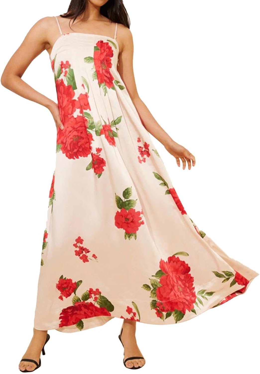 ABYOVRT Women Boho Floral Maxi Dress Backless Spaghetti Strap A-Line Flowy Summer Vacation Long Dress