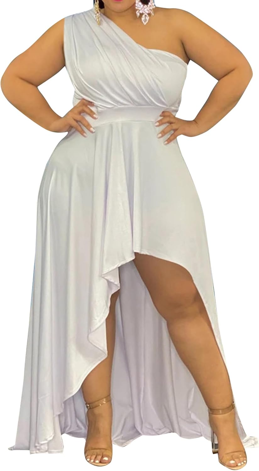 Ekaliy Women's Plus Size One Shoulder Irregular Maxi Cocktail Dress | Soft stretch fabric,sleeveless one shoulder high waist dress,curved thigh slit,asymmetrical hem for cocktail party wear.