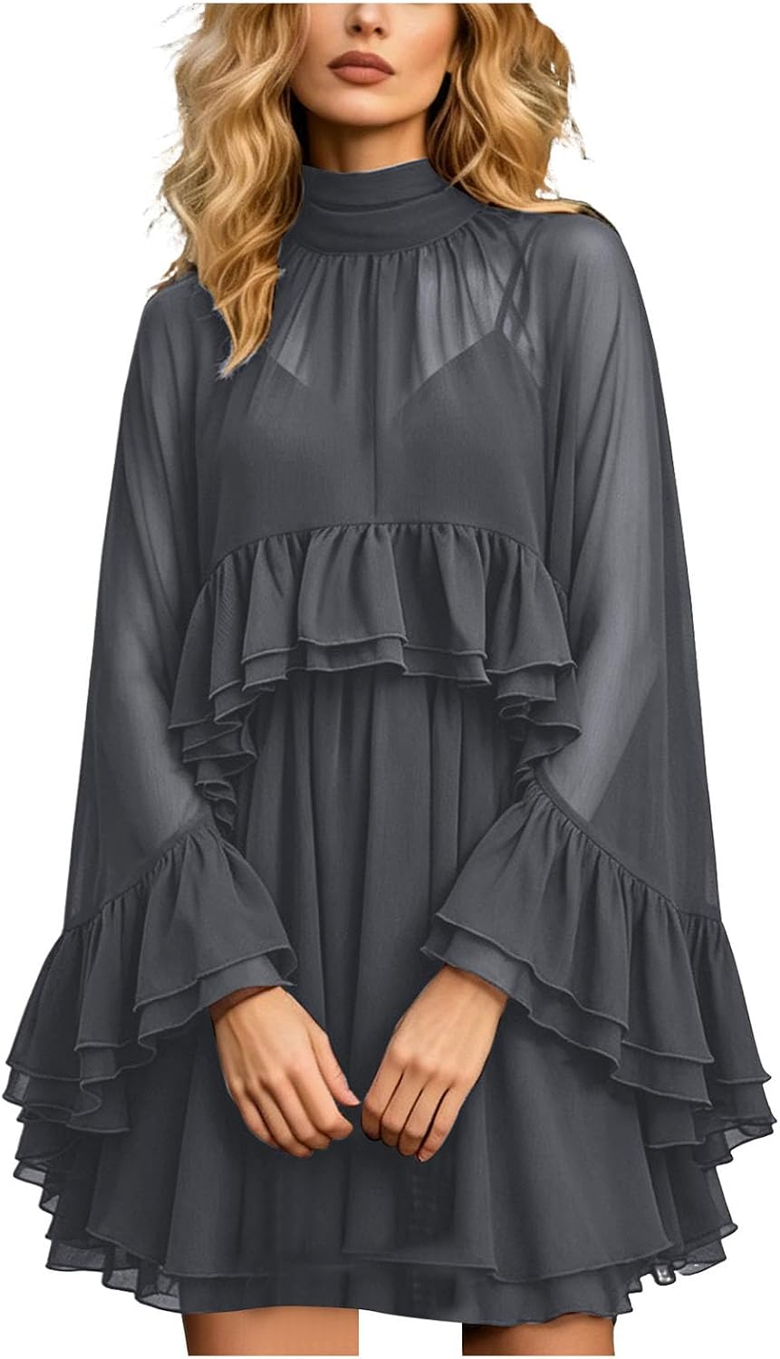 Chiffon Cape Dress for Women Sheer Ruffle Cape Sleeve Chiffon Wrap Cami Dress with Shawl Draped Dresses with Sheer Overlay