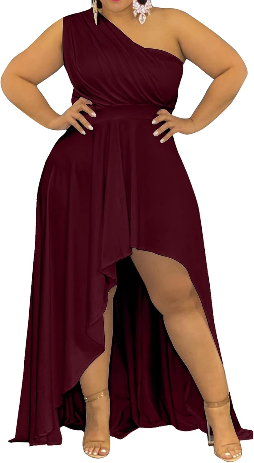 Ekaliy Women's Plus Size One Shoulder Irregular Maxi Cocktail Dress | Soft stretch fabric,sleeveless one shoulder high waist dress,curved thigh slit,asymmetrical hem for cocktail party wear.