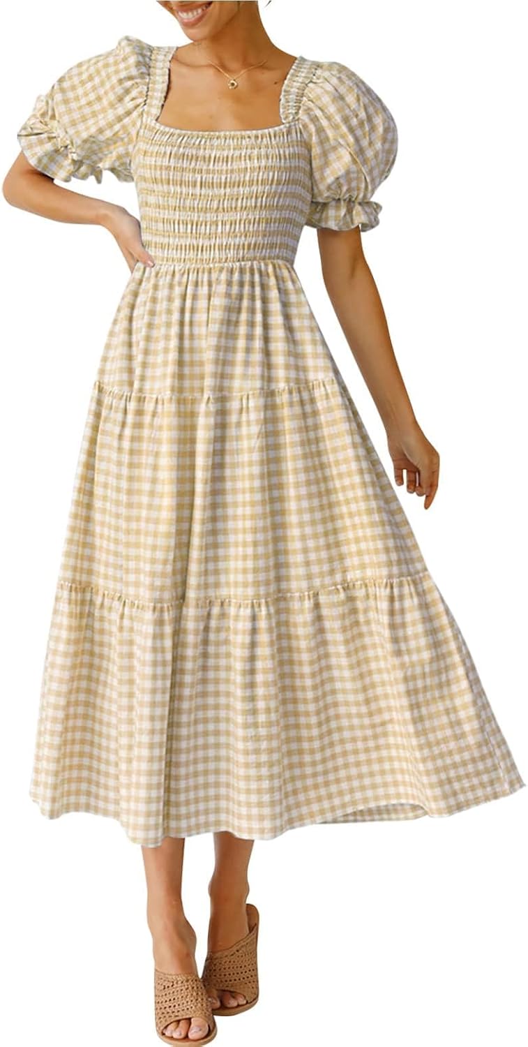 ZESICA Women's Summer Boho Gingham Puff Sleeve Square Neck Beach Midi Dress | 2026 Casual Bohemian Flowy, Swing A Line, Vintage, Baby Shower Cottagecore Maternity Plaid Tea Party Dresses