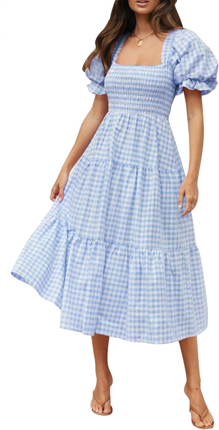 ZESICA Women's Summer Boho Gingham Puff Sleeve Square Neck Beach Midi Dress | 2026 Casual Bohemian Flowy, Swing A Line, Vintage, Baby Shower Cottagecore Maternity Plaid Tea Party Dresses