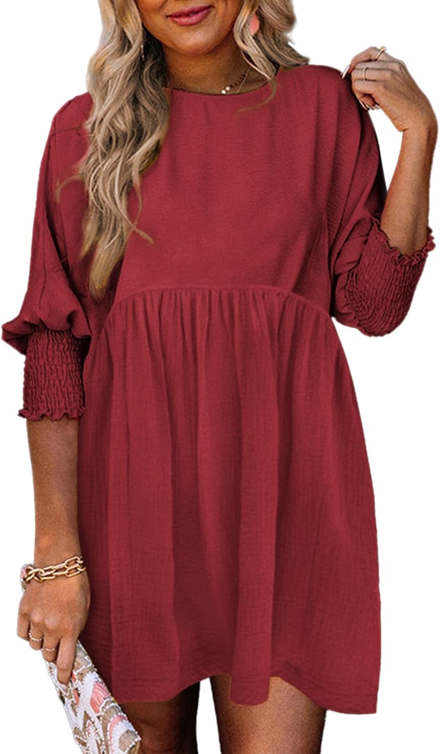Dokotoo Womens Empire Waist 3\/4 Sleeve Casual Babydoll Mini Dress | Knee Length, Country Western Short Dresses for Fall, Party Church Baby Shower Wedding Guest Office Work Teacher Outfits
