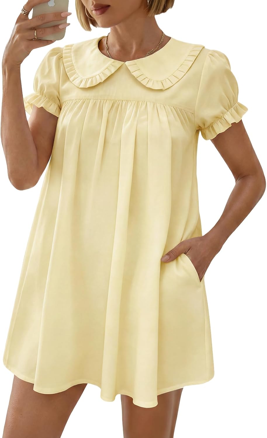 Xuiqx Women's Cute Babydoll Mini Dress Peter Pan Collar Ruffle Short Sleeve Pleated A Line Dresses 2026 Summer