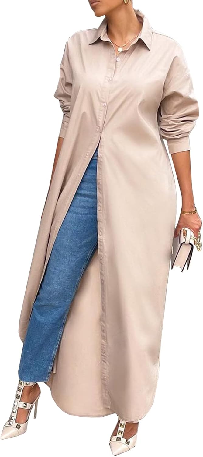 Shirt Dresses for Women Casual Long Sleeve Cotton Button Down Maxi Dresses | Oversized,Solid Color,Loose Fit,Plus Size,Long Shirts,Button Down Dress