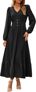Dokotoo Womens Maxi Dresses Casual V Neck Elegant Flowy Tiered Dress | Long Lantern Sleeve,Ruffle Long Dress,High Waist,Fall Wedding Guest Dresses,Vintage,Beach Vacation Outifits,Cocktail Party