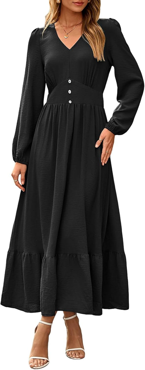 Dokotoo Womens Maxi Dresses Casual V Neck Elegant Flowy Tiered Dress | Long Lantern Sleeve,Ruffle Long Dress,High Waist,Fall Wedding Guest Dresses,Vintage,Beach Vacation Outifits,Cocktail Party