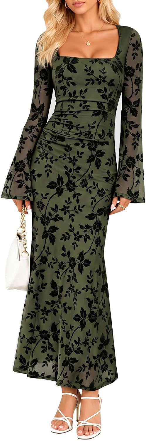 Pagfxmn Women's Floral Bodycon Maxi Dress Square Neck Bell Long Sleeve Mesh Elegant Wedding Guest Cocktail Party Dresses