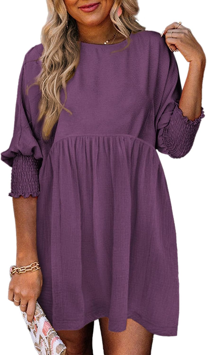 Dokotoo Womens Empire Waist 3\/4 Sleeve Casual Babydoll Mini Dress | Knee Length, Country Western Short Dresses for Fall, Party Church Baby Shower Wedding Guest Office Work Teacher Outfits