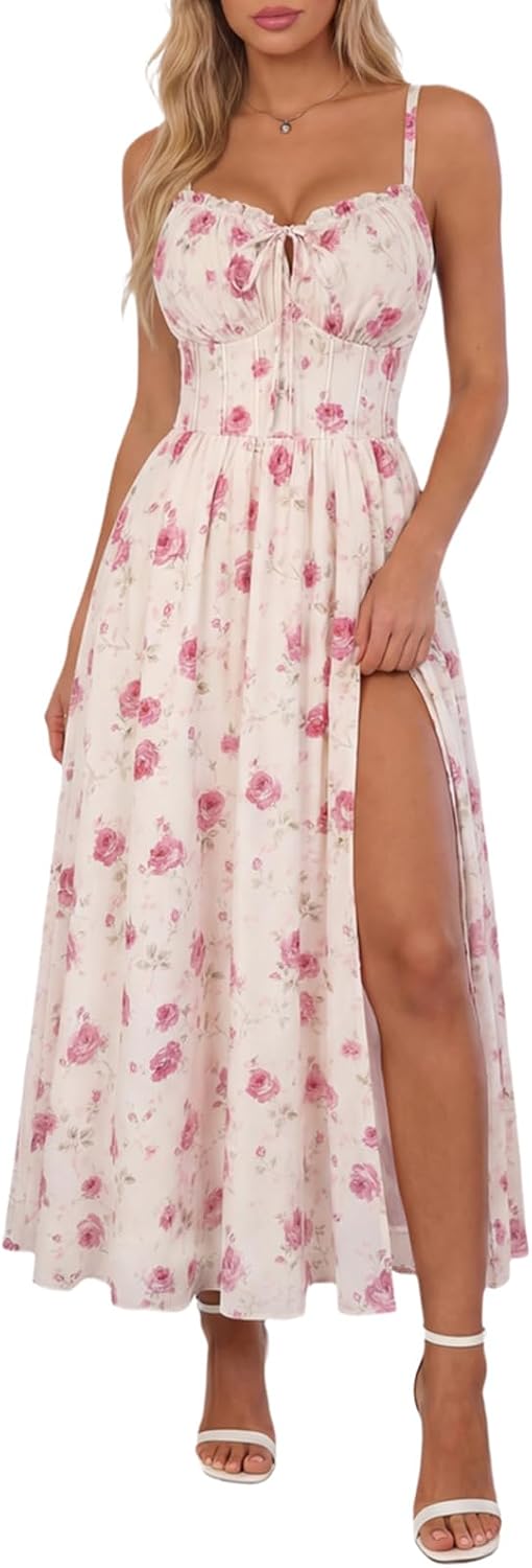 Scarlet Darkness Wedding Guest Dresses for Women Floral Corset Sundress | V Neck, Slit, with Pockets, for Summer, Tea Party, Graduation, Casual