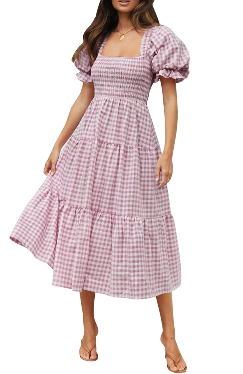 ZESICA Women's Summer Boho Gingham Puff Sleeve Square Neck Beach Midi Dress | 2026 Casual Bohemian Flowy, Swing A Line, Vintage, Baby Shower Cottagecore Maternity Plaid Tea Party Dresses