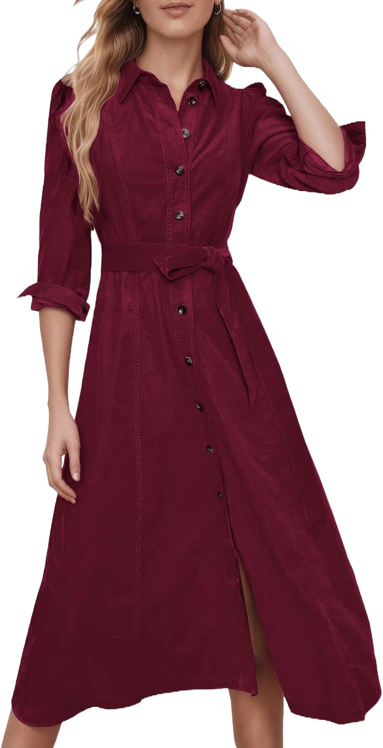 YEXPINE Women's Corduroy Maxi Dress Button Down Shirt Dress with Belt | Long Sleeve Collared V-Neck Maxi Dresses with Pockets, 2026 Fall Winter Dresses