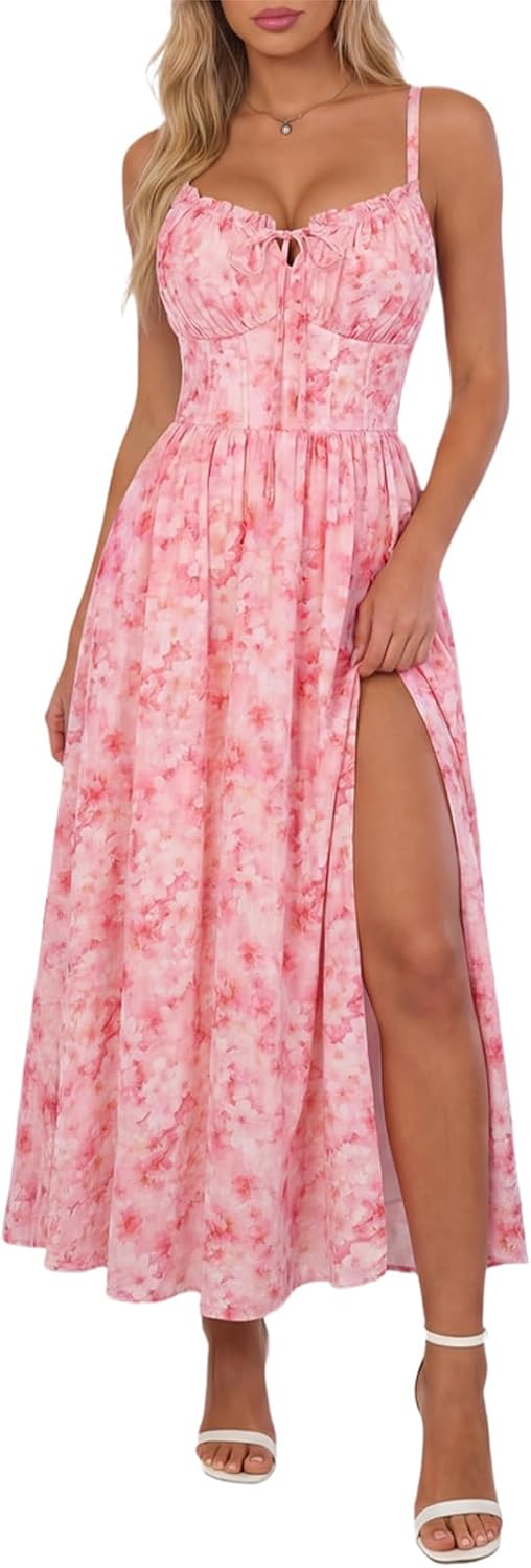 Scarlet Darkness Wedding Guest Dresses for Women Floral Corset Sundress | V Neck, Slit, with Pockets, for Summer, Tea Party, Graduation, Casual