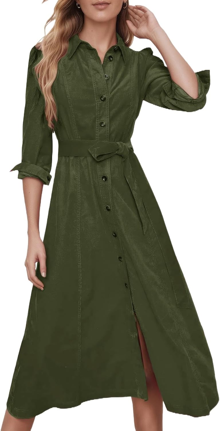 YEXPINE Women's Corduroy Maxi Dress Button Down Shirt Dress with Belt | Long Sleeve Collared V-Neck Maxi Dresses with Pockets, 2026 Fall Winter Dresses