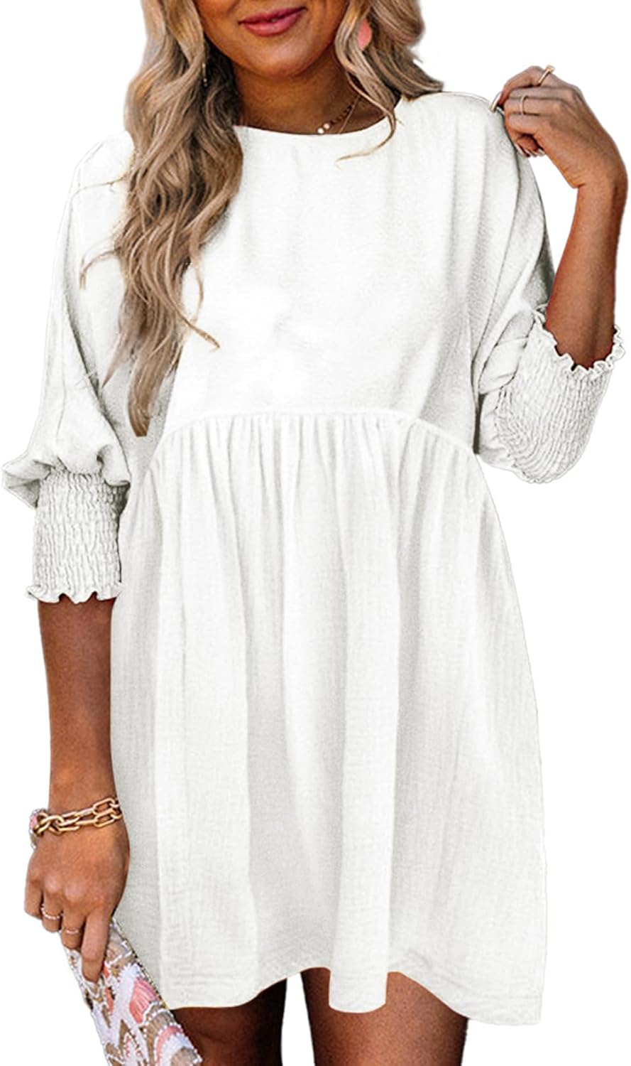 Dokotoo Womens Empire Waist 3\/4 Sleeve Casual Babydoll Mini Dress | Knee Length, Country Western Short Dresses for Fall, Party Church Baby Shower Wedding Guest Office Work Teacher Outfits