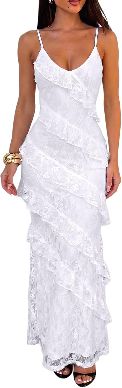 HOCILLE Women's Sexy V Neck Floral Wedding Guest Cocktail Maxi Dress | Sundress Lace Bodycon Spaghetti Strap Elegant Ruffle Party Long Dresses