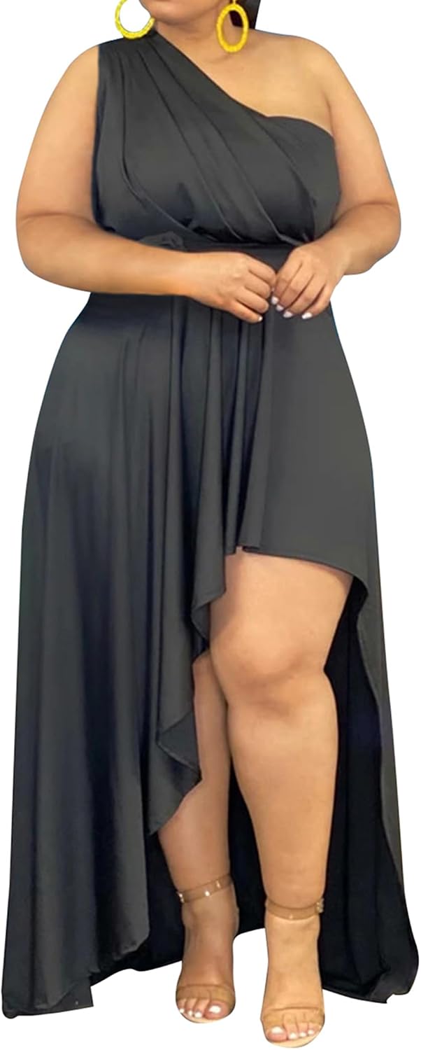 Ekaliy Women's Plus Size One Shoulder Irregular Maxi Cocktail Dress | Soft stretch fabric,sleeveless one shoulder high waist dress,curved thigh slit,asymmetrical hem for cocktail party wear.