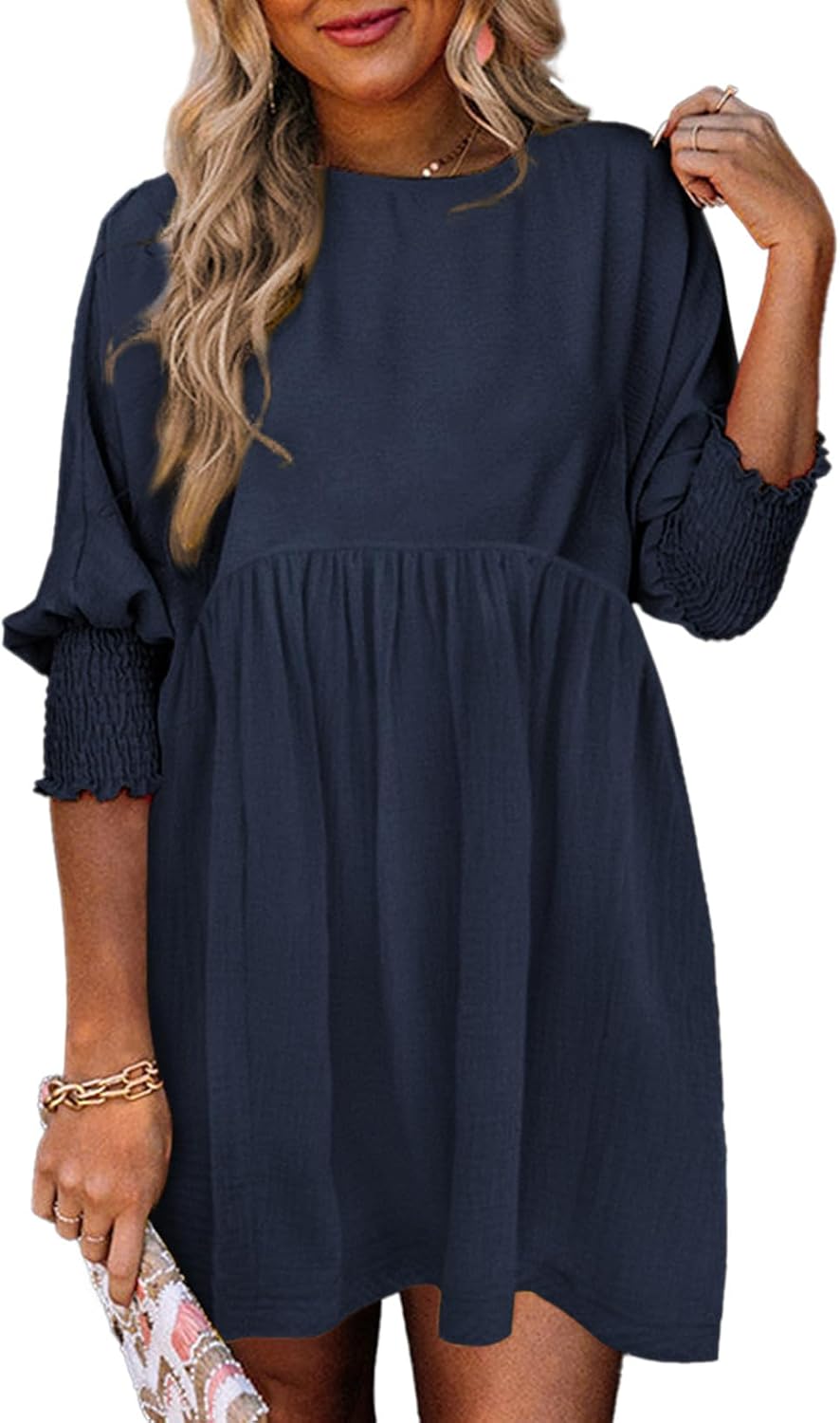 Dokotoo Womens Empire Waist 3\/4 Sleeve Casual Babydoll Mini Dress | Knee Length, Country Western Short Dresses for Fall, Party Church Baby Shower Wedding Guest Office Work Teacher Outfits