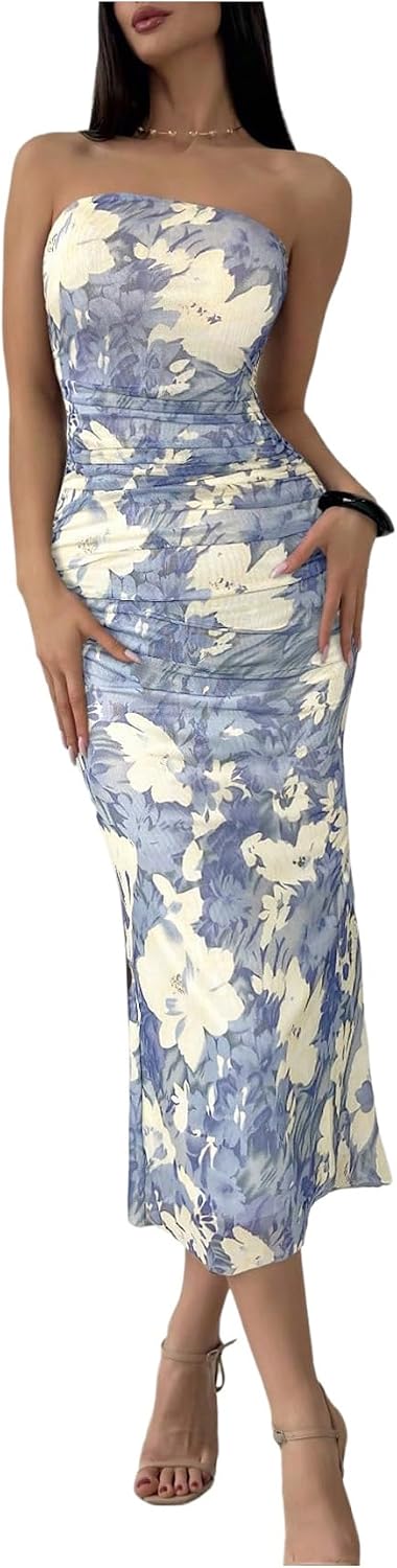 GORGLITTER Women's Sunset Ombre Strapless Cocktail Bridal Shower Midi Dress | Orange Wedding Guest Dress, Mesh Tube Dresses, Bridesmaid Sundresses, Vacation Beach Outfits