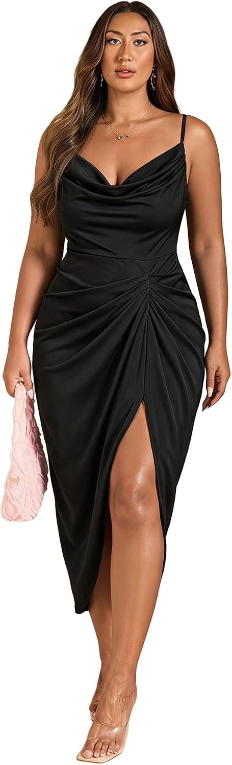 WDIRARA Women's Plus Size Tie Dye Bodycon Long Dress Cowl Neck Sleeveless Ruched Split Cami Dresses