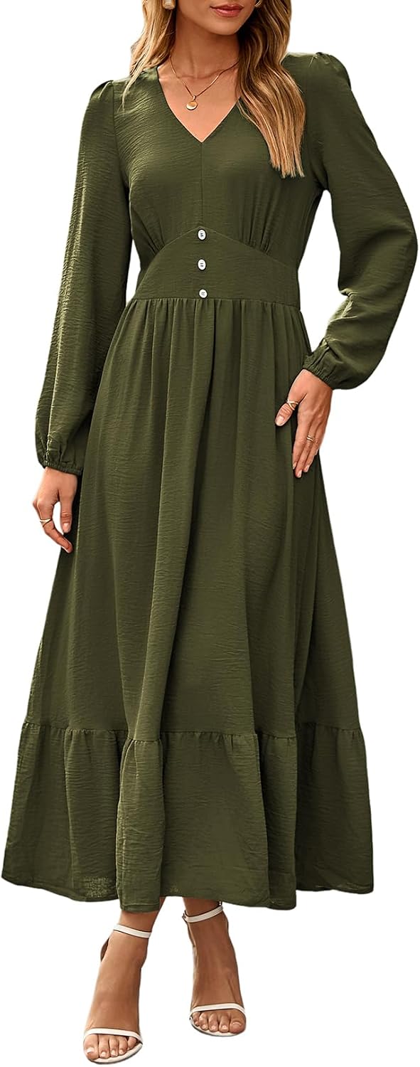 Dokotoo Womens Maxi Dresses Casual V Neck Elegant Flowy Tiered Dress | Long Lantern Sleeve,Ruffle Long Dress,High Waist,Fall Wedding Guest Dresses,Vintage,Beach Vacation Outifits,Cocktail Party