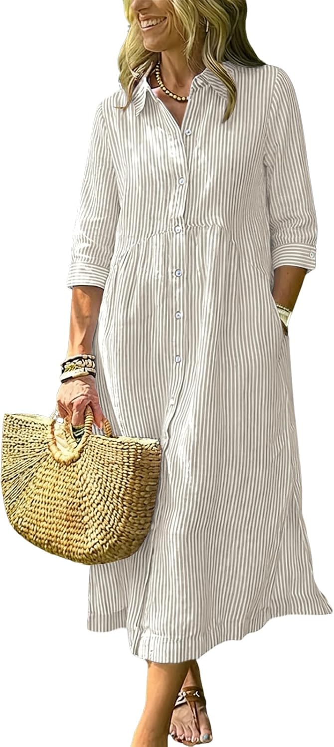 Women's Boho Striped Dress High-Low Waistline Button Down Midi Shirt Dress | Fashion Lapel, 3\/4 Sleeve, Flowy A Line, Side Slit, Slant Pocket, Casual Loose Mid Long Cotton Dress for Party Beach Vacation