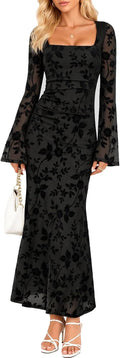 Pagfxmn Women's Floral Bodycon Maxi Dress Square Neck Bell Long Sleeve Mesh Elegant Wedding Guest Cocktail Party Dresses