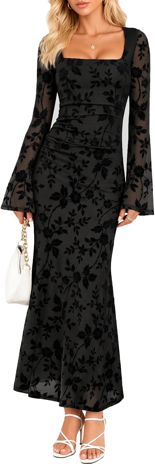 Pagfxmn Women's Floral Bodycon Maxi Dress Square Neck Bell Long Sleeve Mesh Elegant Wedding Guest Cocktail Party Dresses