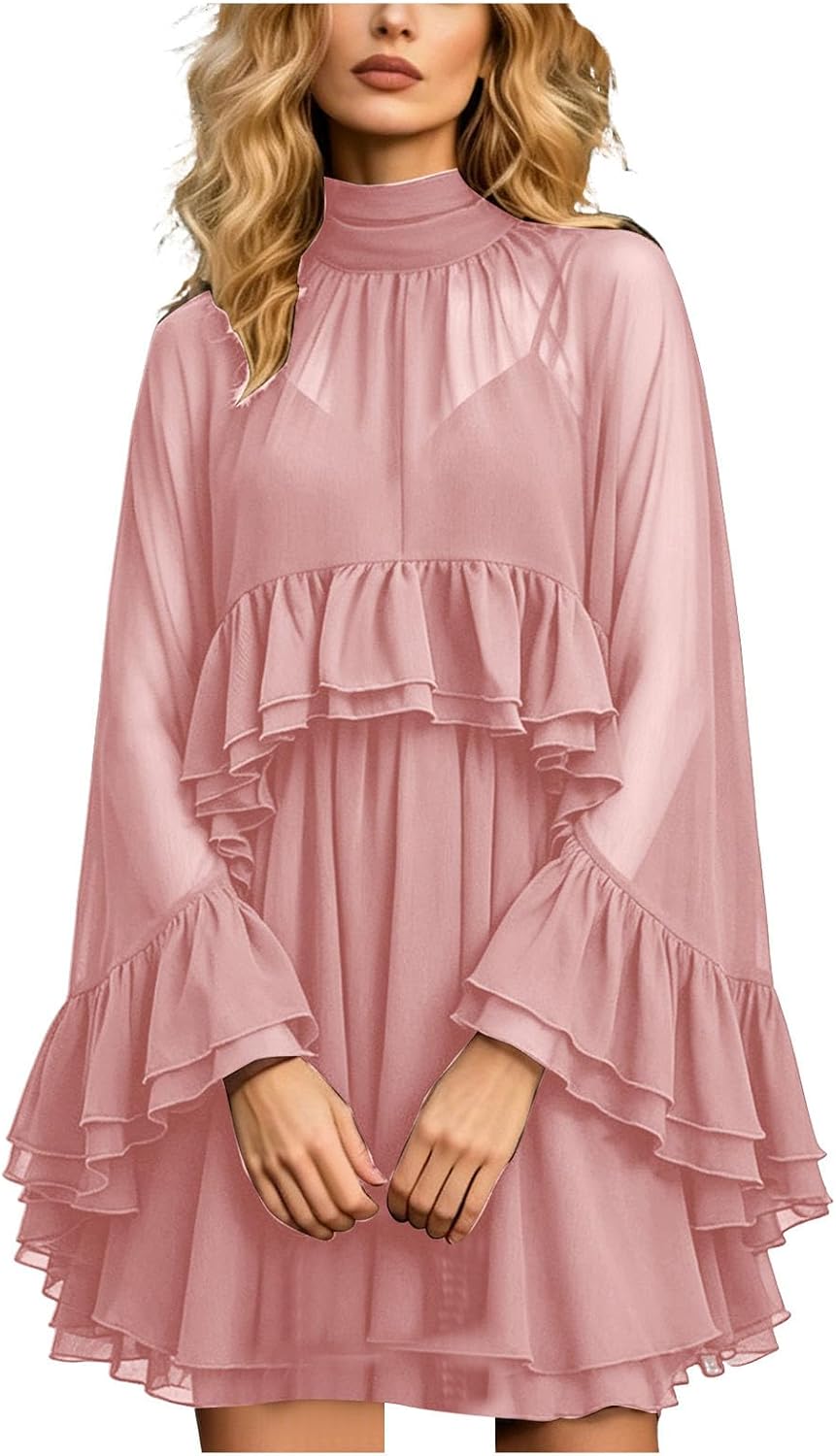 Chiffon Cape Dress for Women Sheer Ruffle Cape Sleeve Chiffon Wrap Cami Dress with Shawl Draped Dresses with Sheer Overlay