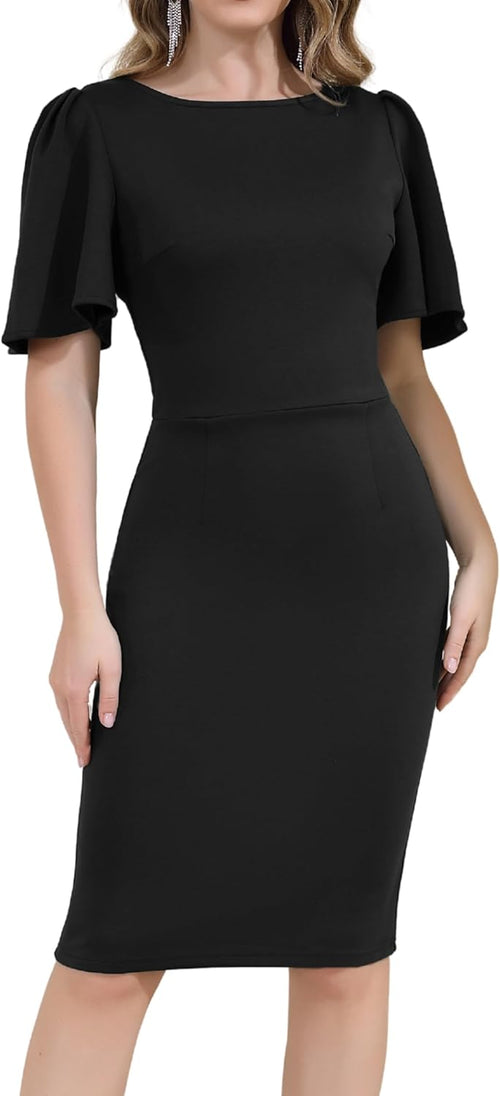 Aphratti Women's Work Sheath Midi Dress Short Sleeve Elegant Classy Modest Cocktail Party Dress