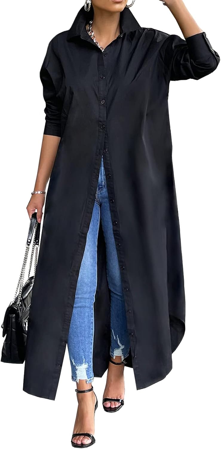 Shirt Dresses for Women Casual Long Sleeve Cotton Button Down Maxi Dresses | Oversized,Solid Color,Loose Fit,Plus Size,Long Shirts,Button Down Dress