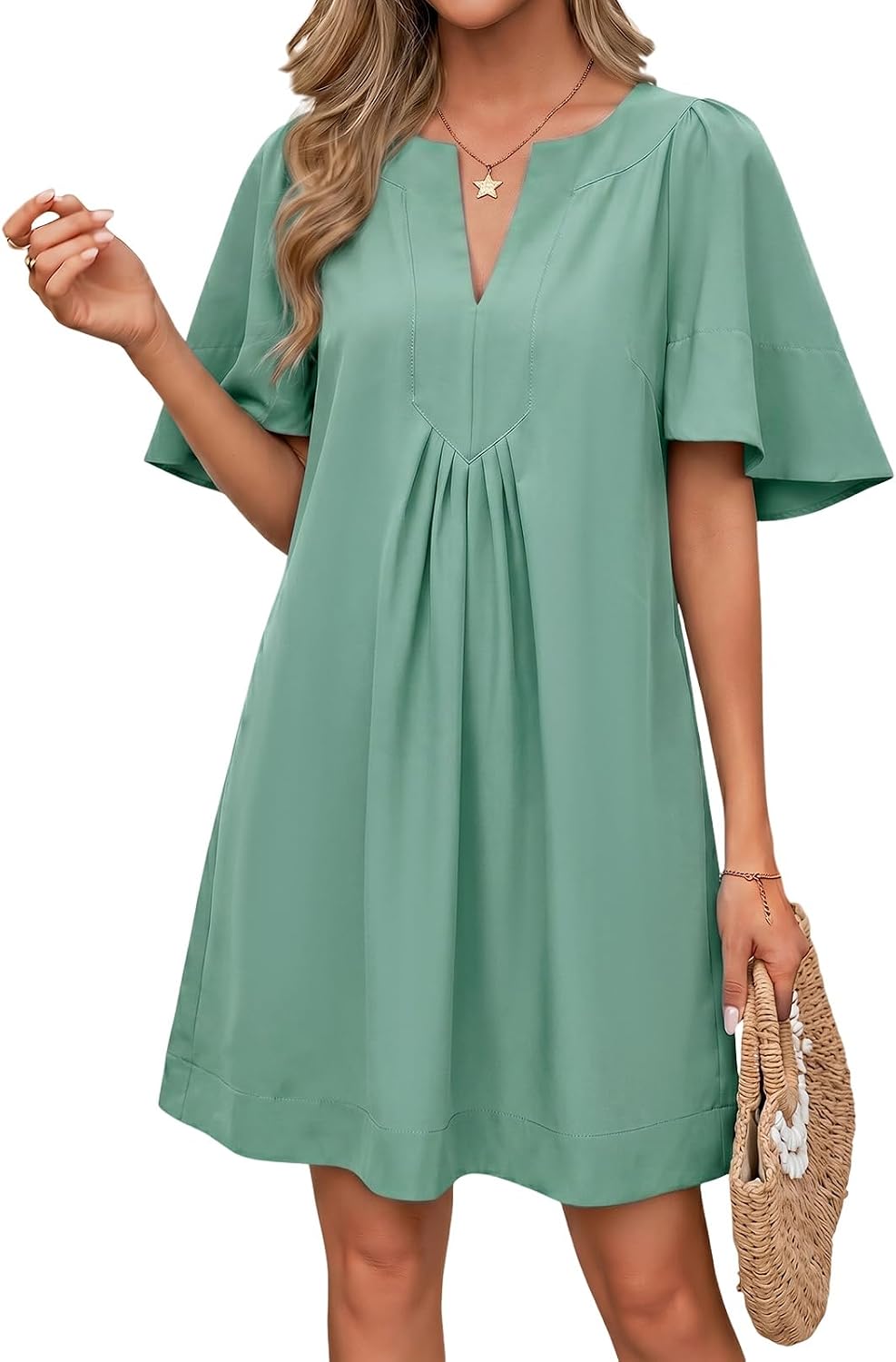 Wenrine Womens Shift Mini Dress Casual Short Sleeve Summer Dresses | Flutter Sleeve, V Neck, Loose Fit, Flowy, Short Beach dresses, Vacation