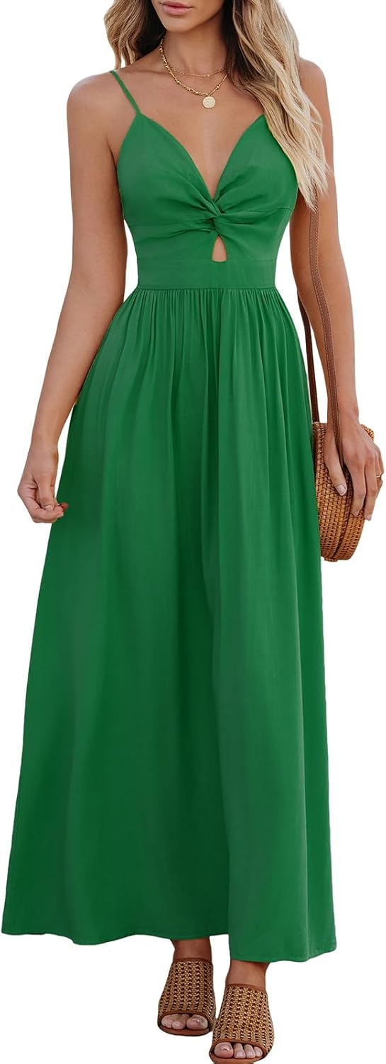 CUPSHE Women's V Neck Twisted Pleated Cutout Backless Formal Maxi Dress | Sleeveless, Self Tie Back, Adjustable Spaghetti Straps, Open Back, Casual Flowy Long Skirt, Summer Beach Resort Sundress