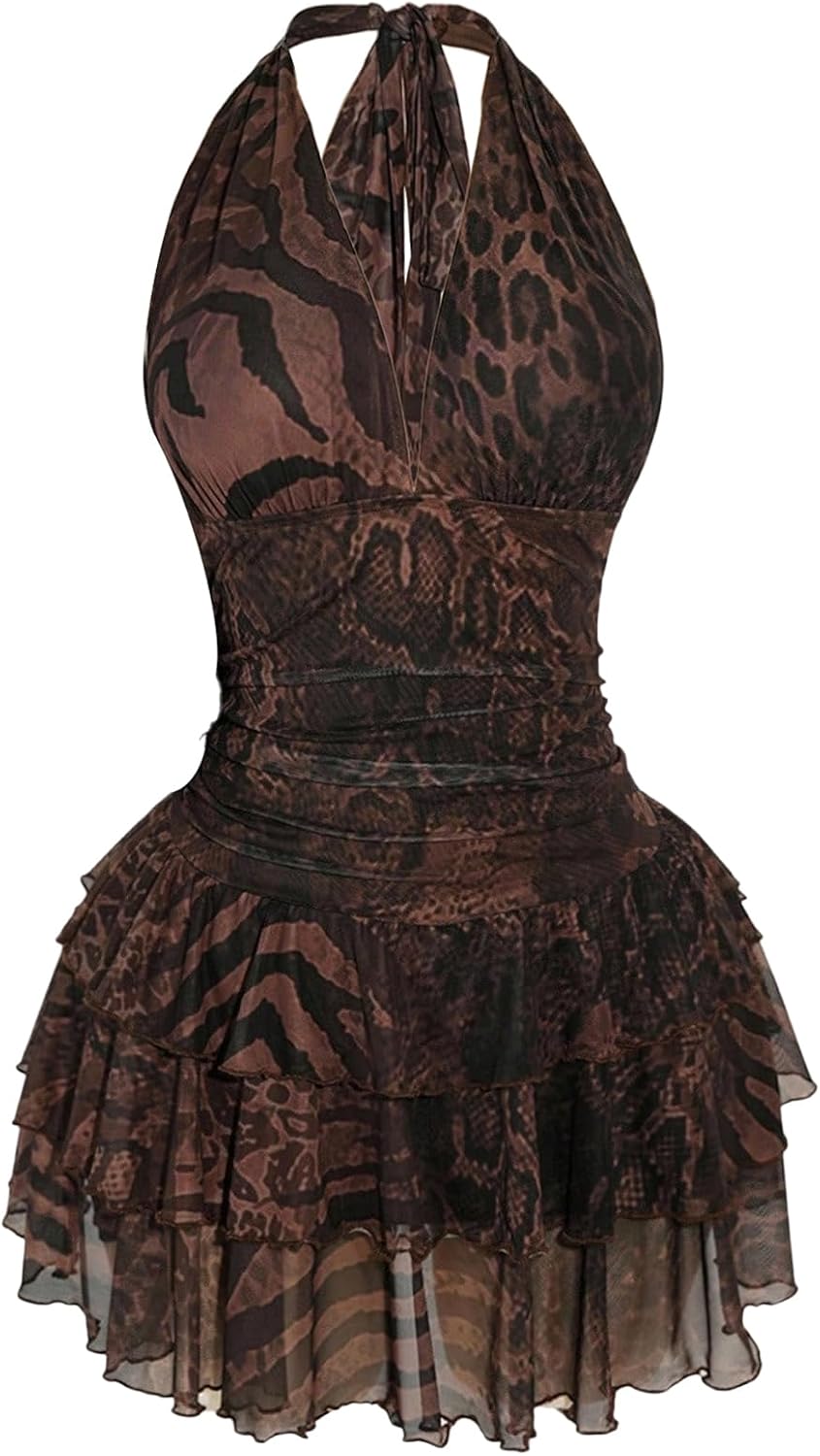SHENHE Women's Plus Size Halter Mesh Dress Y2K Animal Print Club Mini Dress | Zebra, Floral, Party Romper Dresses, Layered Ruffle, Concert Dress with Built in Shorts