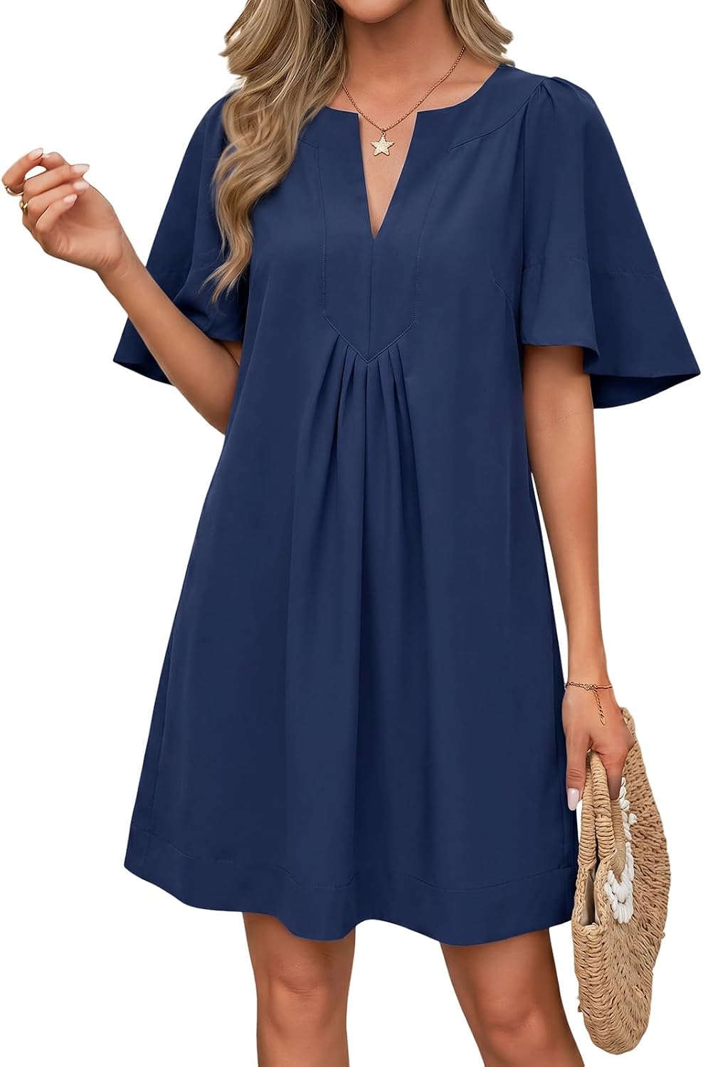 Wenrine Womens Shift Mini Dress Casual Short Sleeve Summer Dresses | Flutter Sleeve, V Neck, Loose Fit, Flowy, Short Beach dresses, Vacation