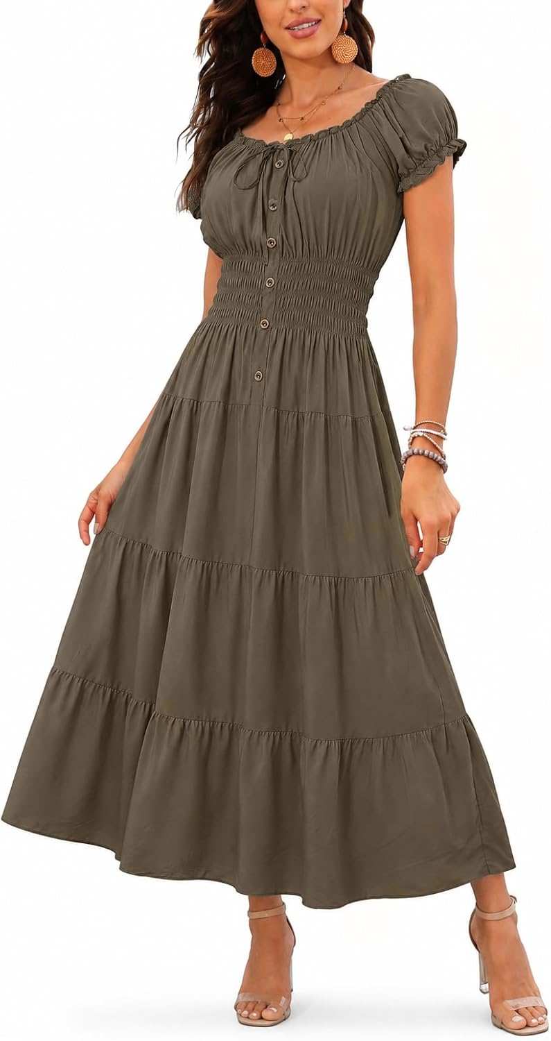 OSTOO Women's 2026 Maxi Dress Short Sleeves Boho Floral Print Tiered Casual Flowy Summer Long Dress