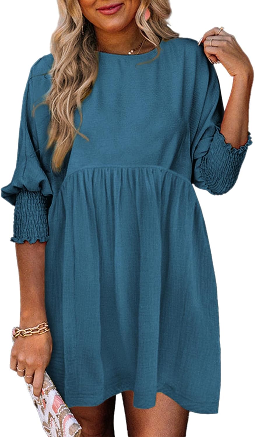 Dokotoo Womens Empire Waist 3\/4 Sleeve Casual Babydoll Mini Dress | Knee Length, Country Western Short Dresses for Fall, Party Church Baby Shower Wedding Guest Office Work Teacher Outfits