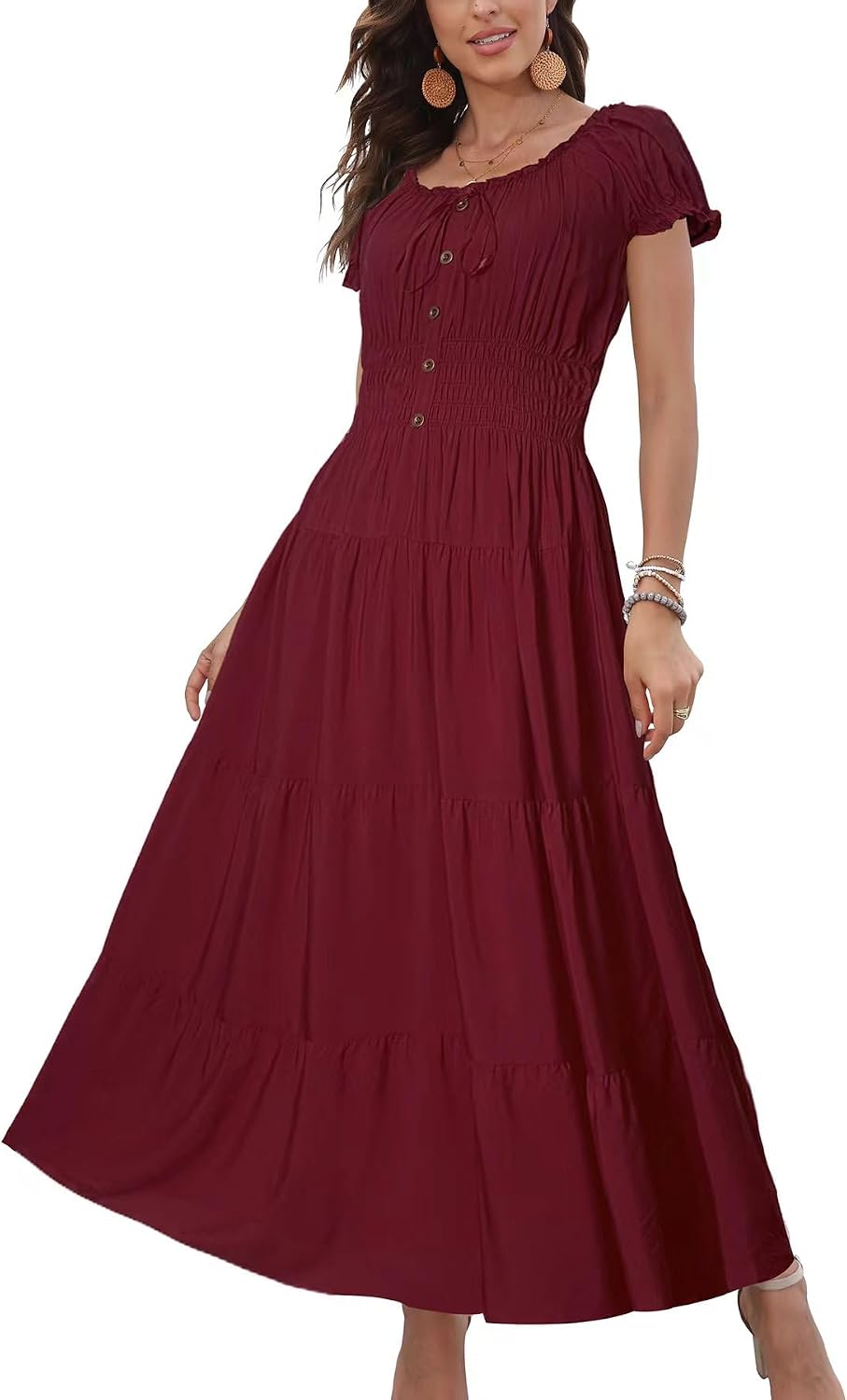 OSTOO Women's 2026 Maxi Dress Short Sleeves Boho Floral Print Tiered Casual Flowy Summer Long Dress