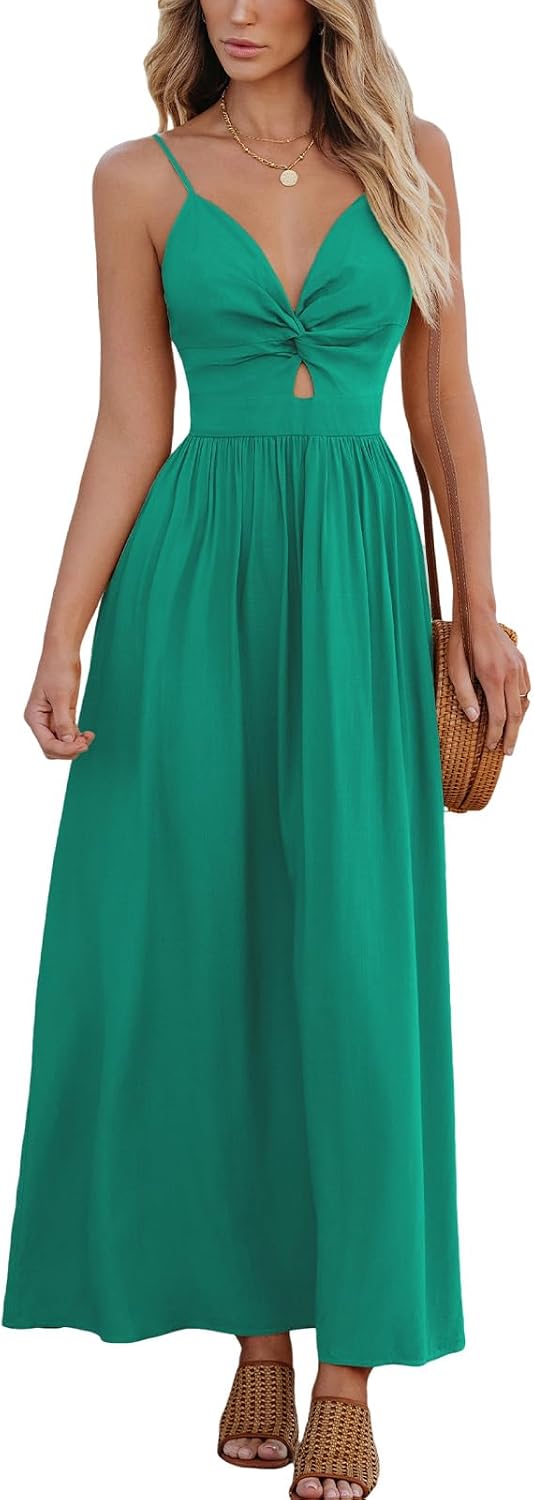CUPSHE Women's V Neck Twisted Pleated Cutout Backless Formal Maxi Dress | Sleeveless, Self Tie Back, Adjustable Spaghetti Straps, Open Back, Casual Flowy Long Skirt, Summer Beach Resort Sundress