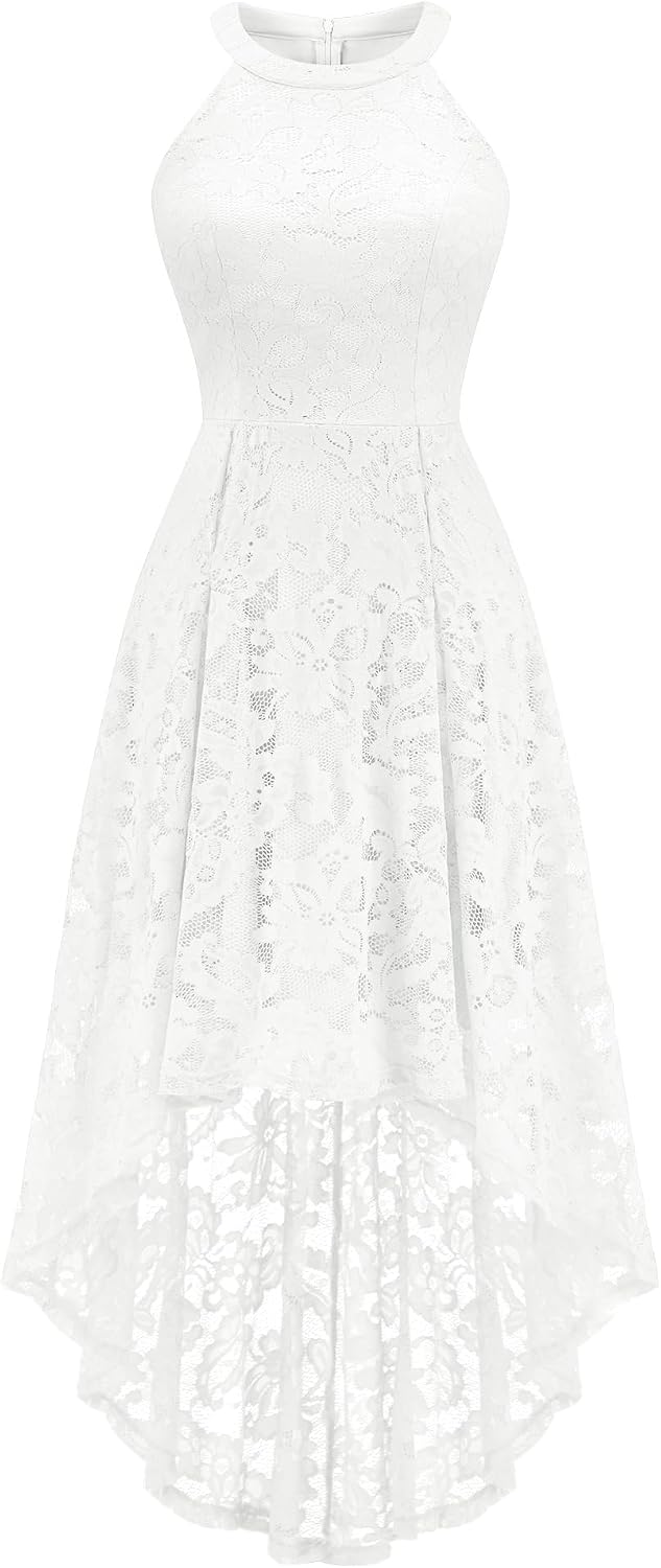 Dressystar Women Halter Lace Hi Lo Wedding Guest Cocktail Formal Dress | Bridesmaid Wedding Dresses,Sleeveless,Halter Top Neckline,High Low Hem,Elegant A line Design,Soft floral Lace Party Dress