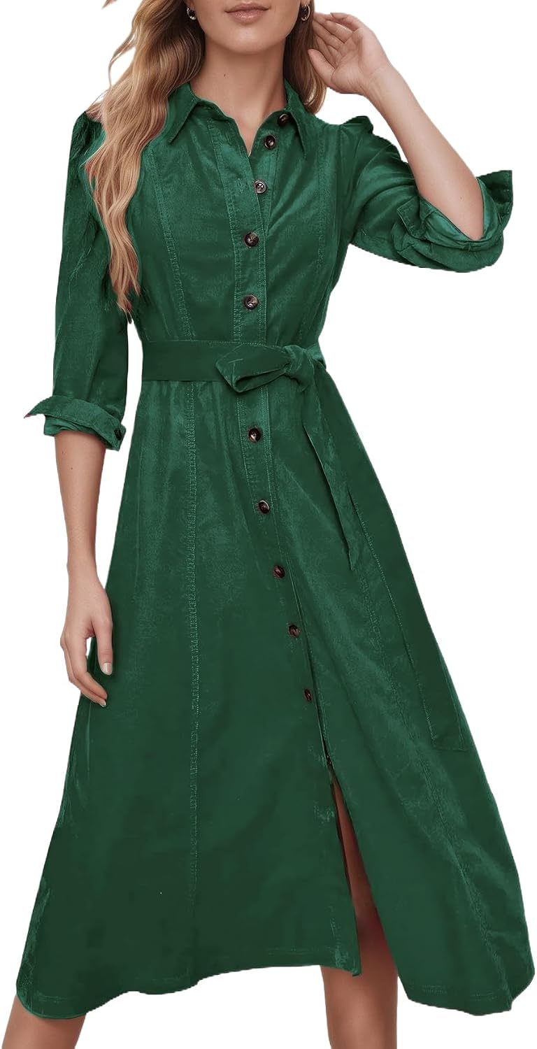 YEXPINE Women's Corduroy Maxi Dress Button Down Shirt Dress with Belt | Long Sleeve Collared V-Neck Maxi Dresses with Pockets, 2026 Fall Winter Dresses