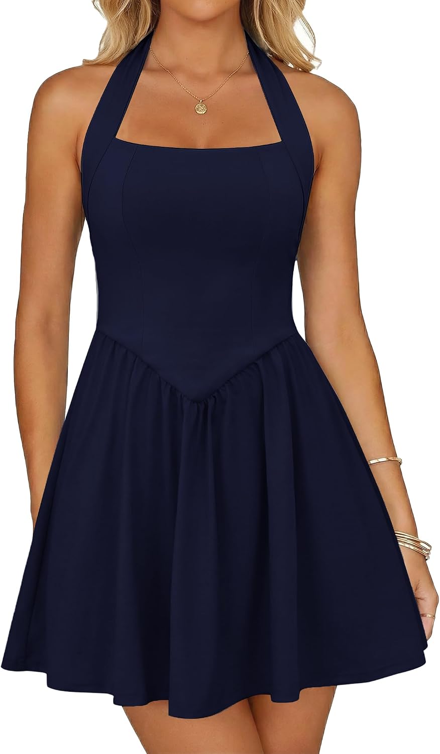 Zelroxa White Dress Women Halter Sleeveless Mini Homecoming Short Dresses | Graduation Cocktail Hoco Party Square Neck Cute Summer Flowy A line Sexy Sundress with Pockets for Teens 2026 Trendy Outfits